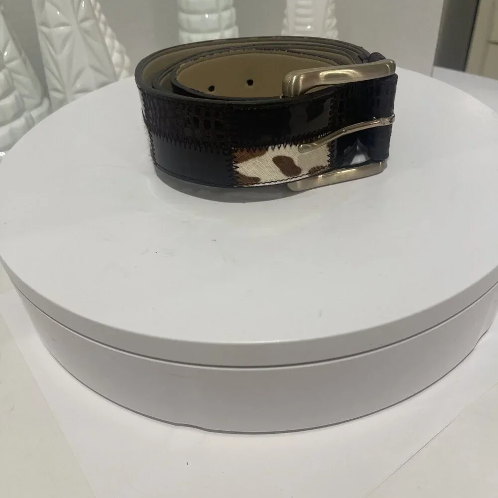 NINE WEST LEATHER PATCHWORK BROWN BELT WOMEN COWHIDE GOLD BUCKLE‎ SMALL PELLING